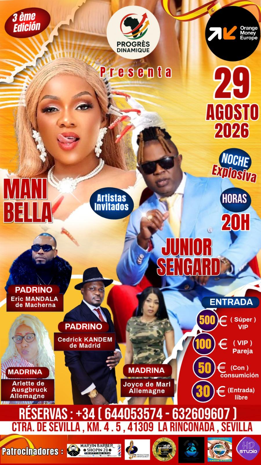 Soirée Mani Bella & Junior Sengard – 29 août 2026 à La Rinconada (Sevilla)